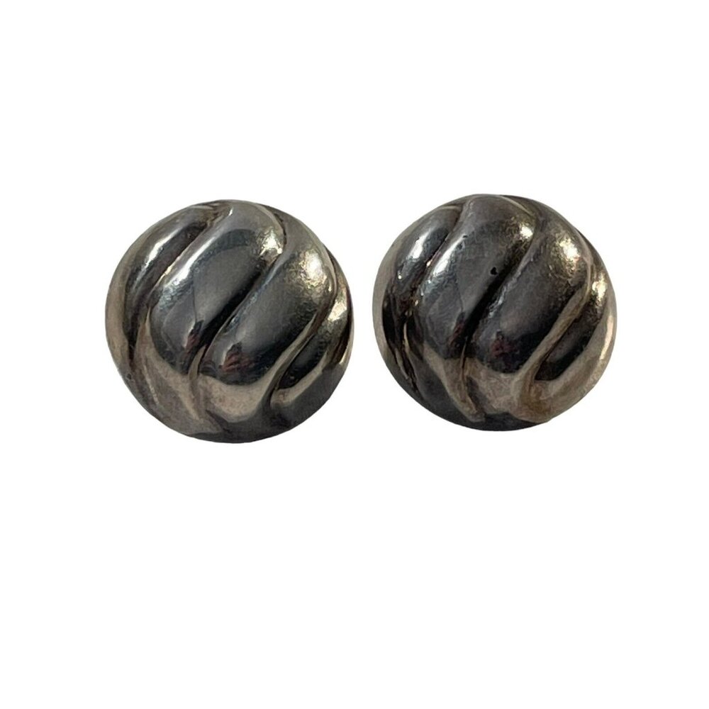 925 Sterling Silver Vintage Ribbed Dome Hollow Pierced Earrings 1” Round Button‎